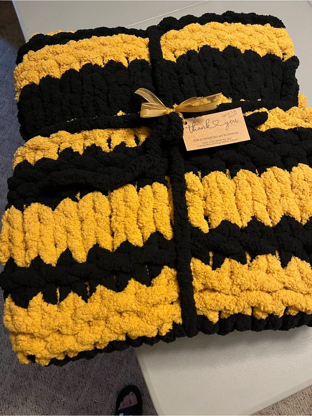 Handmade Black and Yellow Striped Cozy Throw Blanket